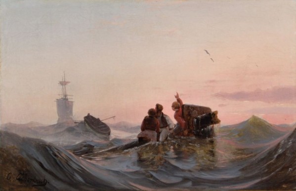 People hailing to a boat by Andreas Achenbach
